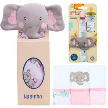 Imagem de Naninha + Prendedor de chupeta + Fralda de Boca Elefantinha Rosa - Mig