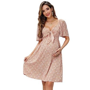 Imagem de FUNJULY Vestidos de maternidade para chá de bebê, feminino, gola V, comprimento até o joelho, vestido de chá de bebê, bege, flor, GG