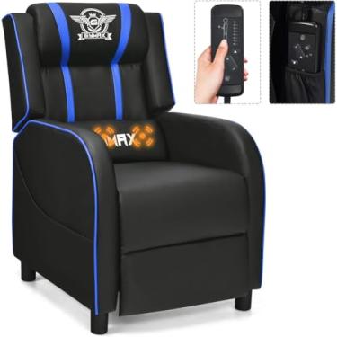 Imagem de HOMGX Cadeira reclinável para jogos, cadeira ergonômica para computador com função de massagem e almofada, estilo de corrida moderno, sofá individual com apoio para os pés, sofá reclinável ajustável