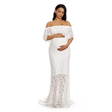 Imagem de ZIUMUDY Vestido feminino de renda com babados e ombros de fora para gestantes, vestido maxi para chá de bebê, Branco, G