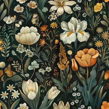 Imagem de PODUFF Papel de parede floral vintage descasque e cole, lírios/margaridas e papel de parede botânico para decoração de casa, verde/branco/amarelo, 45 x 299 cm