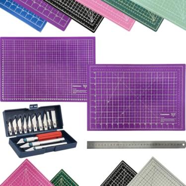 Imagem de Kit Base de Corte A3 30x45cm Multiuso Costura Artesanato Patchwork Desenho Jogo Estilete Precisão 13 Peças Regua Metal 30cm (Roxa)