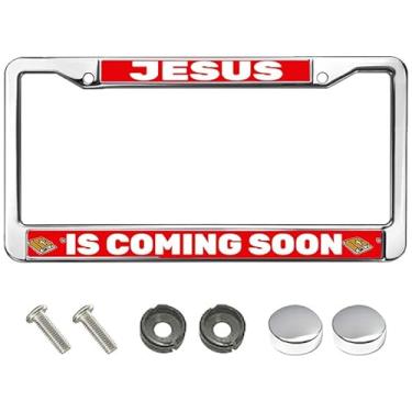 Imagem de Moldura para placa de licença Jesus is Coming Soon, cromada, versículos bíblicos, cristo, presente personalizado, moldura para placa de licença de Deus cristão dizendo Deus para placa de licença
