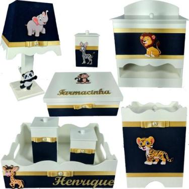 Imagem de Kit Higiene bebê Mdf decorado 8 pçs - SAFARI AZUL MARINHO - Flores par