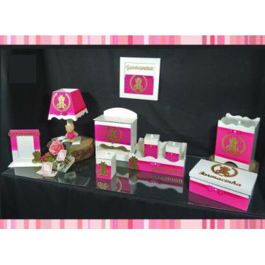 Imagem de Kit Higiene bebê Mdf 10 peças - ROSA PINK COM BOLINHAS DE URSINHA - Fl