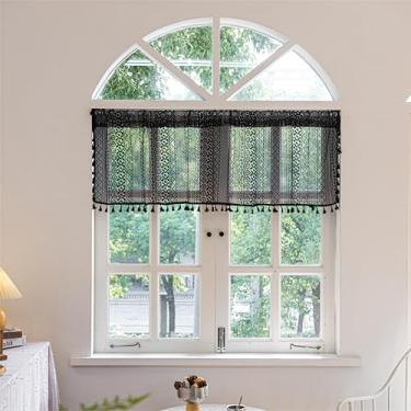 Imagem de Sutuo Home Cortinas pretas boho saia crochê renda transparente boêmia oca tricotada com borlas, privacidade vintage meados do século fazenda camada para cozinha, bolso de haste 1 painel, 149,9 cm L x