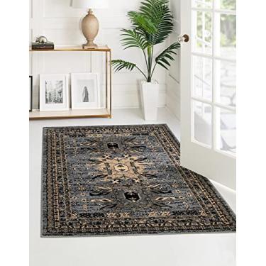 Imagem de Unique Loom Tapete de área de design geométrico com inspiração tribal da coleção Taftan, 6 m 5 cm x 0,9 m, cinza/preto