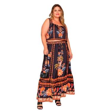 Imagem de Conjunto plus size feminino estampa floral bluse e saia casual chique 