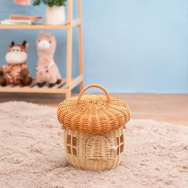 Imagem de cesto organizador redondo com tampa e alça 25cm cogumelo de bambu multiuso - Oikos