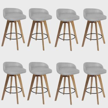 Imagem de Kit 08 Banqueta Alta Com Encosto Berlim Base Giratória Madeira Linho Bege - Ahz Móveis