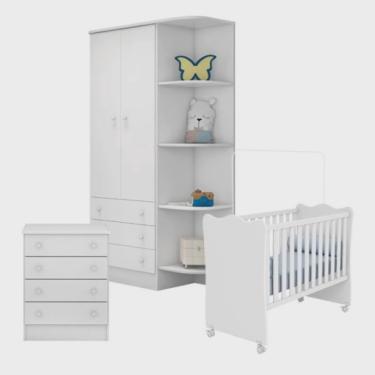 Imagem de Quarto de Bebê Completo Berço 1 com Rodízios, Guarda Roupa 825 e Cômoda 777 Linha Doce Sonho Branco Qmovi