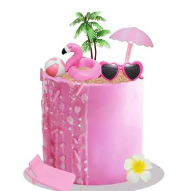 Imagem de Pink Beach Cake Topper Pool Cake Topper with Beach Ball Flamingo Floats Coconut Tree and Sunglasses for Summer Birthday Theme