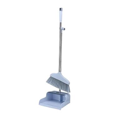 Imagem de Conjunto moderno de vassoura e pá de lixo de aço inoxidável com cabo longo combo de pá de lixo para casa conveniente
