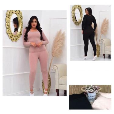 Imagem de Conjunto Térmico Canelado Segunda Pele Inverno: Calça + Blusa com Detalhe em Renda - Malha Canelada