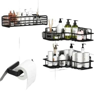 Imagem de Kit 2 Prateleiras Suporte Com Alto Adesivos Para Parede Banheiro Cozinha Lavanderia Shampoo Sabonete(3 Prateleiras + Gancho Papel)