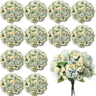 Imagem de Tigeen 12 pacotes de peônias flores artificiais rosas falsas flores de seda hortênsia buquê artificial para mesa de casamento, centro de mesa, vaso floral, casa, escritório, decoração de noiva (verde)
