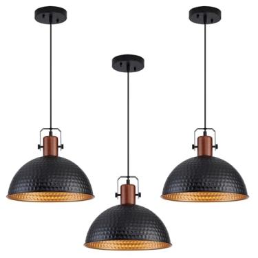 Imagem de ALAISLYC Luminárias Pendentes Pretas De 12 Polegadas, Foscas E Marteladas, Para Ilha De Cozinha, Estilo Industrial, Com Altura Ajustável, Para Celeiro E Sala De Jantar, 3 Unidades