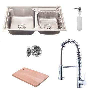 Imagem de Kit Cuba Pia Dupla Gourmet Luxo Prizi Aço Inox 304 43x78cm Kit Completo - MD7843B + Torneira Gourmet Prizi Monocomando - KE-6114