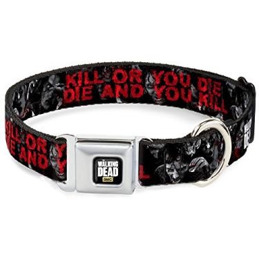 Imagem de Buckle-Down Coleira para cães com fivela de cinto de segurança – The Walking Dead Kill OR You Die and You Kill Preto/Branco/Vermelho – 3,8 cm de largura – Serve para pescoço de 40,6 a 58,4 cm – Médio
