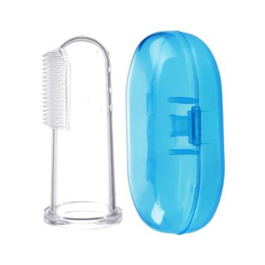 Imagem de AKOAK 1 pacote com escova de dentes útil para dedo de bebê macia de silicone macio com caixa de armazenamento, massagem de limpeza de dentes de bebê, cuidados bucais (azul)