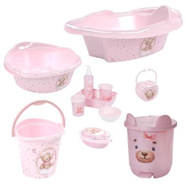 Imagem de Kit banheira de bebê plasutil 7 peças + kit higiene urso + bacia + lix
