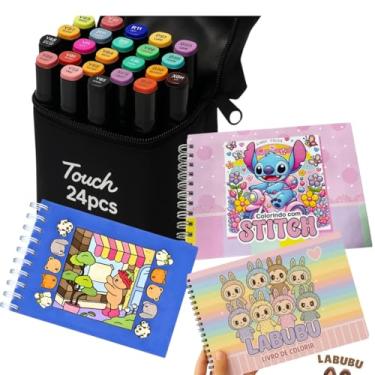 Imagem de Kit Livro De Colorir Stitch boobie good Capa Dura + Canetinhas Coloridas Touch Marca Texto De 24 Cores e Tamanhos, Ponta Dupla – ideal para traços finos e áreas grandes (Livro + 24 Canetas)