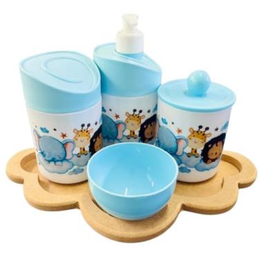 Imagem de Kit Higiene Bebê Safari Hora Do Sono C/bandeja MDF (Nuvem Crua/Azul)