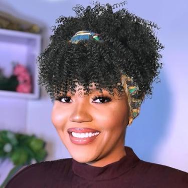 Imagem de Aisaide Peruca Preta Cacheada Com Franja E Faixa Na Cabeça - Curta Afro Sintética Listras Brancas De 10 Cm