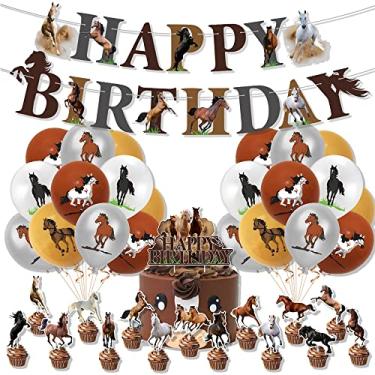 Imagem de Boerni Decoração Para Festa De Cavalo Meninas E Meninos, Artigos Aniversário Equitação - Faixa Alegria, Balões, Topos Bolo Cupcake, Cowboy Ocidental Pônei