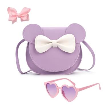 Imagem de LJCTULY Bolsa infantil para meninas - Bolsa tiracolo com laço de orelha de rato pequeno - Bolsa fofa para crianças de 2 a 8 anos - Conjunto de presente de aniversário para meninas (roxa)