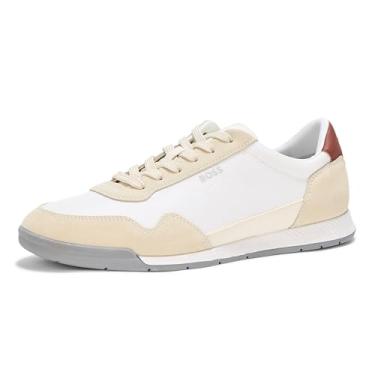 Imagem de BOSS Tênis feminino de cano baixo misto de couro, Branco ostra, branco limpo, 40