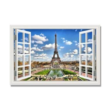 Imagem de Janela de arte de parede com impressão em tela. Vista de janela falsa. Impressão de imagem natural em tela. Arte de cenário para decoração de sala de estar. (Vista da Torre Eiffel de Paris 12). 40 x
