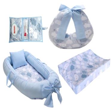 Imagem de Kit Ninho Redutor Bebê + Almofada Amamentação + Trocador Impermeável + Porta Lenço Menina Menino(NUVEM AZUL)