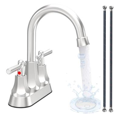 Imagem de Huttdmel Torneira de pia de banheiro para trailer, torneira de banheiro para pia de 3 furos com bico giratório de 360°, aço inoxidável sem chumbo, com drenagem pop-up e linhas de abastecimento de água
