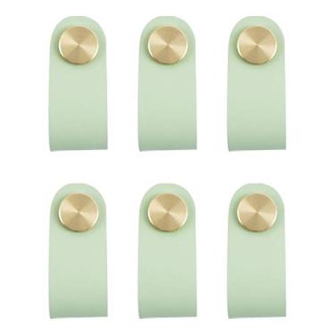 Imagem de VIDELLY 6 puxadores de couro feitos à mão para gaveta, armário de couro, maçaneta moderna para porta de armário de couro com parafuso de latão, puxador para porta de armário, maçaneta de porta, ferragens para decoração, verde claro