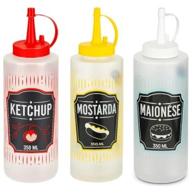 Imagem de Kit 3 Bisnagas Plástica Para Molho Ketchup Mostarda Maionese Pimenta Condimento 350ml Food Truck Restaurante Lanchonete Buffet