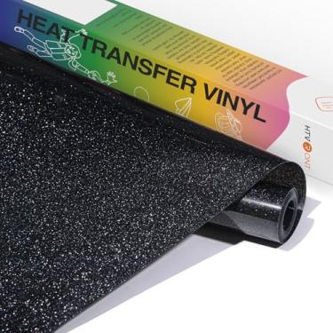 Imagem de HTVRONT Vinil HTV com glitter preto - 25,4 cm x 1,5 m preto glitter ferro em vinil para todas as máquinas de corte, rolo de vinil de transferência de calor com glitter para sublimação - fácil de