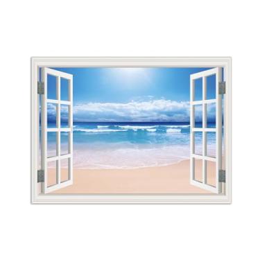 Imagem de Quadro de Parede Janela Falsa-Paisagens Impressões em Tela-Nuvens Praia-Natureza Pinturas Decoração 50x70cm-19x27in Sem Moldura