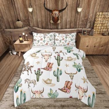 Imagem de Feelyou Conjunto de edredom asteca ocidental para crianças, meninos, meninas, cavalo, edredom king size, tribal, caubói, touro selvagem, crânio, cacto, decoração de quarto, respirável, macio e leve