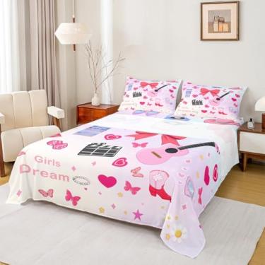 Imagem de Erosebridal Jogo de cama casal com tema de música, cantora de violão, disco de vinil, para meninas e crianças, lençol com elástico, 2 fronhas para decoração de quarto