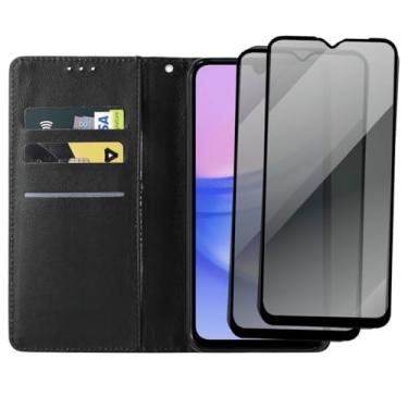 Imagem de Capa Carteira Premium com Película de Privacidade 3D para Samsung Galaxy M15, Couro Sintético Preto, 2 Películas