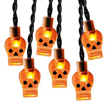 Imagem de RECESKY Pacote com 20 cordões de luzes LED laranja de caveira com temporizador - Total de 3 m alimentado por bateria de Halloween - Iluminação assustadora para ambientes externos de casa, quarto