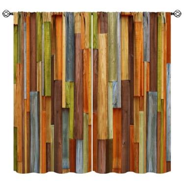 Imagem de Nitmbi Cortinas blecaute de parede de madeira coloridas rústicas, cortinas retrô rústicas marrom padrão celeiro janela 2 painéis cortina de bolso para varão para decoração de quarto sala de estar