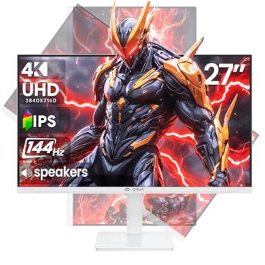 Imagem de CRUA Monitor de jogos de 27 polegadas, tela IPS 144Hz 4K UHD (3840 x 2160P), suporta monitor vertical ajustável de altura/pivô/rotação/inclinação, AMD Freesync, 120% sRGB, alto-falantes embutidos
