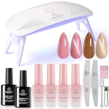 Imagem de beetles Gel Polish Kit De Esmaltes Em Com 12 Peças E Luz Uv, 4 Cores, Base Top Coat Rosa-Olho-De-Gato Champanhe Para Iniciantes, Lâmpada Soak Off, Curado Led, Pó Rosa, Arte Feminina