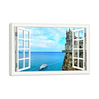 Imagem de Impressão em tela emoldurada de madeira janela castelo costeiro barco 3D falsa janela vista paisagem paisagem imagem impressão em tela arte de parede para sala de estar 80 x 120 cm 31 x 47 pol