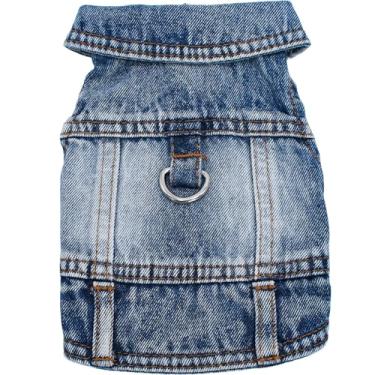 Imagem de Roupas de cachorro para cães pequenos, casaco jeans clássico ocidental, jaqueta jeans para cães com coleira em D, fantasias de gato de estimação, colete de arrefecimento para caminhadas (azul, GG)