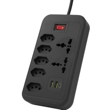 Imagem de Extensão Tomada,Filtro de Linha, Régua Tomadas,Régua de Energia, 5 Tomadas, 2 Portas USB, 1 Porta USB Tipo-C, 2 Tomada Universal, Cabo de Alimentação de 2 metros (Preto)