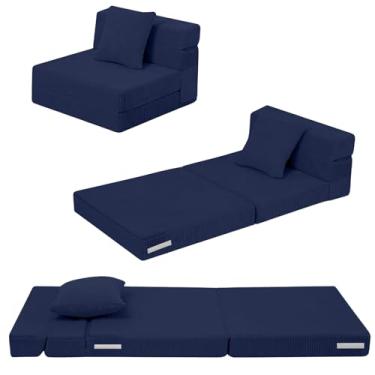 Imagem de MeMoreCool Sofá dobrável para crianças, cadeira de futon dobrável de veludo cotelê, colchão de chão dobrável pequeno, sofá infantil portátil, azul marinho