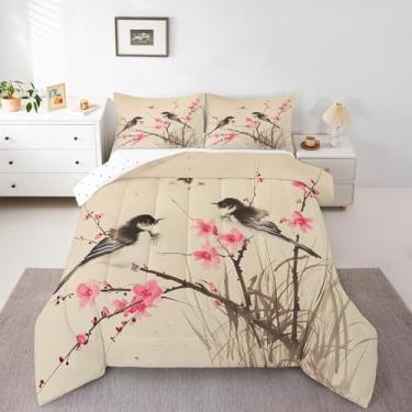 Imagem de Homewish Conjunto de edredom infantil retrô chinês, tamanho solteiro, pintura de tinta de flor e pássaro, para decoração de quarto de adolescentes, edredom acolchoado tradicional floral rosa aquarela